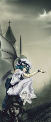 Rule 34 | 1girl, alternate color, alternate eye color, alternate hair color, bare tree, bat wings, blue eyes, blue hair, church, crescent moon, cross, enmatime, female focus, highres, looking at viewer, matching hair/eyes, moon, outstretched hand, remilia scarlet, sculpture, short hair, short sleeves, sky, solo, touhou, tower, tree, veins, wings