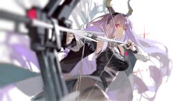 Rule 34 | 1girl, aiming, aiming at viewer, arknights, bare shoulders, black pantyhose, black shirt, blurry, bow (weapon), breasts, compound bow, cowboy shot, depth of field, drill hair, highres, holding, holding bow (weapon), holding weapon, horns, jacket, large breasts, long hair, long sleeves, noland, off shoulder, open clothes, open jacket, pantyhose, purple hair, red eyes, shirt, simple background, sleeveless, sleeveless shirt, solo, typhon (arknights), very long hair, weapon, white background, white jacket
