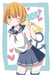 Rule 34 | 1girl, :&lt;, absurdres, anchor symbol, bare arms, bare shoulders, blue sailor collar, blue skirt, blush, brown hair, character name, collarbone, commentary request, hair between eyes, hamada pengin, heart, highres, hoshizora rin, love live!, love live! school idol project, neck ribbon, one eye closed, parted lips, pleated skirt, red ribbon, ribbon, sailor collar, school uniform, serafuku, shirt, skirt, sleeveless, sleeveless shirt, solo, striped clothes, striped thighhighs, thighhighs, triangle mouth, white shirt, yellow eyes