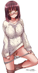 Rule 34 | 1girl, absurdres, bar censor, blush, braid, breasts, censored, clothes lift, clothes pull, collarbone, dated, excessive pubic hair, female pubic hair, fujimiya sumika (isekai ojisan), glasses, hand on own thigh, highres, isekai ojisan, large breasts, lifting own clothes, looking at viewer, medium hair, original, panties, panty pull, pantyhose, pantyhose pull, pubic hair, pulling own clothes, purple hair, pussy, pussy juice, signature, simple background, smile, solo, standing, standing on one leg, sweatdrop, sweater, sweater lift, underwear, white background, white panties, white sweater, yazawa mana