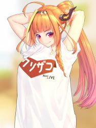Rule 34 | &gt;:), 1girl, adjusting hair, alternate costume, alternate hairstyle, armpit peek, arms behind head, arms up, blunt bangs, blush, braid, breasts, closed mouth, dragon girl, dragon horns, eyelashes, fang, fang out, high ponytail, highres, hololive, horns, kiryu coco, large breasts, logo, long hair, looking at viewer, mikan (chipstar182), orange hair, ponytail, red eyes, shirt, side braid, single braid, skin fang, smile, solo, t-shirt, tying hair, upper body, v-shaped eyebrows, virtual youtuber, white shirt
