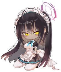 Rule 34 | 1girl, apron, black hair, blue archive, blue bow, blue bowtie, blush, bow, bowtie, chibi, closed mouth, commentary request, dark-skinned female, dark skin, frilled apron, frills, gloves, halo, karin (blue archive), kneeling, kotatu (akaki01aoki00), long hair, looking at viewer, maid headdress, pantyhose, partial commentary, puffy short sleeves, puffy sleeves, short sleeves, simple background, solo, white apron, white background, white gloves, white pantyhose, yellow eyes