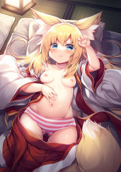 Rule 34 | 1girl, animal ear fluff, animal ears, arm up, blonde hair, blue eyes, breasts, clothes pull, commentary request, detached sleeves, fox ears, fox girl, fox tail, hand on own stomach, indoors, long hair, long sleeves, looking at viewer, lying, multicolored hair, navel, nipples, on back, original, panties, pillow, red skirt, roshin, skirt, skirt pull, small breasts, solo, stomach, streaked hair, striped clothes, striped panties, tail, tatami, topless, underwear, white hair, wide sleeves