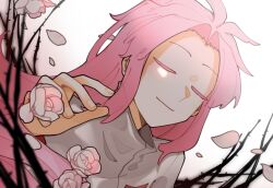 Rule 34 | 1boy, chinese commentary, closed eyes, closed mouth, colored eyelashes, commentary request, flower, hand up, hatsutori hajime, linghuo muxie, long hair, male focus, parted bangs, petals, pink hair, rose, rose petals, saibou shinkyoku, shirt, smile, solo, thorns, white background, white flower, white rose, white shirt