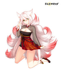 Rule 34 | 1girl, alternate hair color, animal ear fluff, animal ears, ankle bell, black dress, black footwear, breasts, cleavage, cleavage cutout, closed mouth, closers, clothing cutout, copyright name, dress, dress tug, fingernails, fox ears, fox girl, fox tail, full body, green eyes, hand up, high heels, highres, kitsune, kneeling, kyuubi, large breasts, layered dress, logo, long fingernails, long hair, long sleeves, looking at viewer, low twintails, multiple tails, official art, pink tail, red dress, salute, see-through, see-through sleeves, smile, solo, soma (closers), tachi-e, tail, twintails, two-finger salute, two-tone dress, wedge heels, white background, white hair