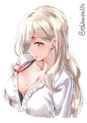 Rule 34 | 1girl, black bra, blonde hair, blouse, blue eyes, blush, bra, breasts, ebifurya, hair between eyes, highres, kantai collection, large breasts, long hair, looking at viewer, mole, mole under eye, mole under mouth, open mouth, richelieu (kancolle), shirt, simple background, solo, twitter username, underwear, white background, white shirt