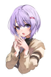 Rule 34 | 1girl, a.i. voice, azumake (azumakei), blush, cardigan, cropped torso, hair between eyes, hair ornament, hairclip, highres, long sleeves, open cardigan, open clothes, open mouth, own hands together, purple eyes, purple hair, sailor collar, short hair, simple background, solo, upper body, vocaloid, voiceroid, white background, white sailor collar, yuzuki yukari, yuzuki yukari (shizuku)