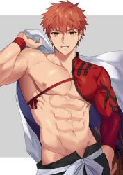 Rule 34 | 1boy, abs, armpit crease, bara, cape, collarbone, emiya shirou, fate/grand order, fate (series), grin, groin, hair between eyes, highres, holding, holding cape, holding clothes, igote, japanese clothes, large pectorals, male focus, muscular, muscular male, nipples, orange hair, pectorals, senji muramasa (fate), seum (kao husband), short hair, simple background, smile, solo, wristband, yellow eyes