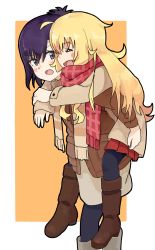 Rule 34 | &gt;:o, 2girls, :o, ^ ^, ahoge, arms around neck, bad id, bad pixiv id, blonde hair, blush stickers, boots, carrying, closed eyes, coat, closed eyes, fr33, gabriel dropout, highres, jacket, leggings, messy hair, multiple girls, open mouth, pantyhose, piggyback, purple eyes, purple hair, scarf, skirt, smile, gabriel tenma white, topknot, vignette tsukinose april, v-shaped eyebrows