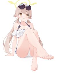 Rule 34 | 1girl, ass, bare legs, bare shoulders, barefoot, bikini, blue archive, blush, breasts, brown eyes, collarbone, eyewear on head, feet, foreshortening, frilled bikini, frills, full body, hair ornament, halo, hifumi (blue archive), hifumi (swimsuit) (blue archive), highres, knees up, legs, light brown hair, long hair, looking at viewer, low twintails, pinkiuzu, simple background, sitting, small breasts, solo, sunglasses, swimsuit, toes, twintails, very long hair, white background, yellow halo