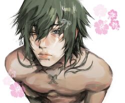 1boy abs blue_eyes chest_tattoo closed_mouth commentary english_commentary final_fantasy final_fantasy_xv flower green_hair hair_between_eyes hibiscus highres lip_piercing looking_at_viewer male_focus noctis_lucis_caelum one_eye_closed pectorals piercing pink_flower ribbon signature simple_background solo tattoo upper_body v3raxyy white_background