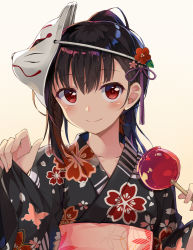 Rule 34 | 1girl, blush, candy apple, closed mouth, collarbone, eyebrows, eyelashes, floral print, flower, food, fox mask, hair flower, hair ornament, hair ribbon, holding, holding food, japanese clothes, kimono, long hair, long sleeves, looking at viewer, mask, mask on head, myuton, original, ponytail, purple ribbon, red eyes, red flower, ribbon, sash, simple background, smile, solo, sweets, upper body, wide sleeves, yellow background, yukata
