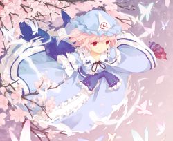 Rule 34 | 1girl, bug, butterfly, cherry blossoms, hand fan, female focus, hat, bug, petals, pink eyes, pink hair, red eyes, saigyouji yuyuko, saigyouji yuyuko&#039;s fan design, shion (mamuring), shionty, short hair, solo, touhou