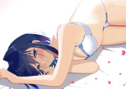 Rule 34 | 1girl, absurdres, bad id, bad pixiv id, blue bra, blue eyes, blue flower, blue hair, blue panties, blue rose, blush, bra, breasts, commentary, flower, hair intakes, highres, hololive, hololive english, large breasts, looking at viewer, lying, melow menow, on side, ouro kronii, panties, petals, rose, short hair, smile, solo, underwear, underwear only, virtual youtuber