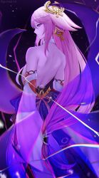 Rule 34 | 1girl, absurdres, animal ears, bare back, bare shoulders, breasts, commentary, cowboy shot, detached sleeves, fox ears, genshin impact, highres, large breasts, long hair, long sleeves, low-tied long hair, pink hair, purple eyes, ritou08, solo, standing, very long hair, yae miko