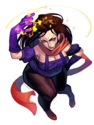 Rule 34 | 1girl, battle tendency, belly, breasts, brown hair, cleavage, electricity, electrokinesis, gloves, highres, jojo no kimyou na bouken, large breasts, lisa lisa, long hair, mature female, namnums, nose piercing, pantyhose, piercing, scarf, shirt, shoes, solo