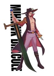 Rule 34 | 1boy, abs, beard, black hair, character name, closed mouth, commentary request, dracule mihawk, facial hair, full body, hat, hat feather, highres, holding, holding knife, holding sword, holding weapon, knife, male focus, mustache, one piece, open clothes, open mouth, russian commentary, shirmart1, short hair, sideburns, solo, standing, sword, weapon, yellow eyes