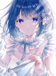 Rule 34 | 1girl, bare arms, blue eyes, blue hair, book, bow, choker, cover, cover page, drinkyog, flower, hair bow, hair ornament, highres, looking at viewer, open mouth, original, ribbon, short hair, white background, white choker, white flower