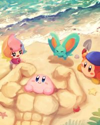 Rule 34 | ^ ^, arm up, artist name, bandana, bandana waddle dee, beach, blue bandana, blue eyes, blush, blush stickers, brown eyes, closed eyes, closed mouth, crab, day, elfilin, elline (kirby), eyelashes, fairy, highres, holding, kirby, kirby (series), looking at another, multicolored hair, nintendo, open mouth, outdoors, sand, sand sculpture, seashell, shell, shore, smile, starfish, suyasuyabi, trowel, twitter username, v-shaped eyes, yellow footwear