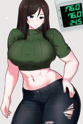 Rule 34 | 1girl, alternate muscle size, amogan, breasts, bust measuring, denim, girls und panzer, green sweater, highres, jeans, large breasts, measurements, measuring, nonna (girls und panzer), pants, short sleeves, solo, sweater, three sizes, torn clothes, waist measuring
