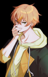 Rule 34 | 1boy, black background, black jacket, closed mouth, commentary request, covering own mouth, green eyes, hair between eyes, highres, hood, hood down, hoodie, jacket, looking at viewer, looking to the side, male focus, orange hair, orange jacket, padded jacket, partial commentary, project sekai, pukadoki (banilla4086), shinonome akito, short hair, simple background, sleeves past elbows, solo, tsurime, two-sided fabric, two-sided jacket, upper body, yellow hoodie