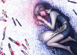 Rule 34 | 1girl, bare legs, barefoot, blood, feet, female focus, from above, izayoi sakuya, knife, kunai, lain, lying, on side, petals, red eyes, solo, throwing knife, touhou, weapon