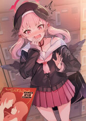 Rule 34 | 1girl, black choker, black headwear, black wings, blue archive, blush, choker, feathered wings, halo, head wings, highres, holding, holding magazine, koharu (blue archive), long hair, looking at viewer, low wings, magazine (object), mi taro333, neckerchief, open mouth, pink eyes, pink hair, pink neckerchief, pleated skirt, pornography, sailor collar, skirt, twintails, white sailor collar, winged hat, wings
