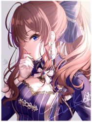 Rule 34 | 1girl, blue eyes, blurry, bow, breasts, brooch, brown hair, check commentary, cleavage, commentary, commentary request, depth of field, earrings, epaulettes, gloves, hair bow, highres, ichinose shiki, idolmaster, idolmaster cinderella girls, jewelry, lace trim, looking to the side, mairo, ponytail, signature, simple background, solo, white background, white gloves