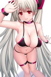 Rule 34 | 1girl, absurdly long hair, arm up, asamura hiori, bangle, bare arms, bare legs, bare shoulders, bikini, black bikini, blush, bracelet, breasts, choker, cleavage, closed mouth, collarbone, commentary request, feet out of frame, from above, gradient hair, grey hair, halterneck, highres, jewelry, large breasts, leaning forward, long hair, looking at viewer, multicolored hair, navel, original, red eyes, revision, simple background, skindentation, smile, solo, standing, stomach, swimsuit, thigh gap, thigh strap, thong bikini, twintails, very long hair, white background