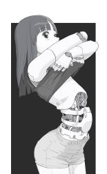 Rule 34 | 1girl, android, black background, blunt bangs, clothes lift, covered mouth, from side, greyscale, highres, leaning back, looking at viewer, mechanical parts, medium hair, monochrome, original, outside border, science fiction, shirt lift, short shorts, shorts, solo, sukabu
