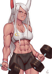 Rule 34 | 1girl, abs, absurdres, alternate costume, animal ear fluff, animal ears, bike shorts, blush, boku no hero academia, breasts, cleavage, collarbone, cowboy shot, crescent print, dark-skinned female, dark skin, dumbbell, exercising, grin, highres, long eyelashes, long hair, looking at viewer, medium breasts, midriff, mirko, muscular, muscular female, navel, obliques, parted bangs, rabbit ears, rabbit girl, sidelocks, signature, simple background, smile, solo, speedl00ver, sports bra, sweat, sweatdrop, nervous sweating, thick thighs, thighs, toned, tsurime, very long hair, weightlifting, white background, wristband