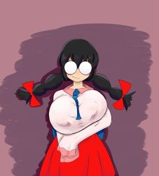 Rule 34 | 1girl, back bow, between breasts, black hair, blue bow, blue necktie, blush stickers, bow, braid, breast hold, breasts, closed mouth, covered erect nipples, cowboy shot, dizzytizzy, dress bow, glasses, hair bow, highres, huge breasts, huge nipples, kirby (series), kirby 64, long hair, long sleeves, looking at viewer, necktie, necktie between breasts, nintendo, no nose, opaque glasses, pink background, pink sailor collar, purple background, red bow, red skirt, rimless eyewear, ripple star queen, sailor collar, shirt, silhouette, skirt, sleeves past fingers, sleeves past wrists, smirk, solo, spoilers, taut clothes, taut shirt, twin braids, white shirt