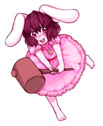 Rule 34 | 1girl, animal ears, bad feet, barefoot, blush, brown hair, carrot necklace, dress, highres, inaba tewi, jewelry, kine, mallet, necklace, pink dress, pinkcultgirl, rabbit ears, rabbit girl, red eyes, sparkling eyes, touhou, white background