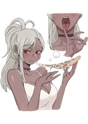 Rule 34 | 1girl, bad id, bad pixiv id, blush, breasts, camisole, cheese, cheese trail, choker, cleavage, dark-skinned female, dark skin, eating, female focus, food, grey hair, holding, holding food, holding pizza, large breasts, long hair, open mouth, original, pepperoni, pizza, pizza slice, red eyes, royal tea, saliva, solo, tongue, tongue out, upper body, white camisole