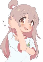 Rule 34 | 1girl, :d, ahoge, bare arms, blush, brown eyes, commentary, covering own ears, grey hair, hair between eyes, hatafuta, long hair, looking at viewer, multicolored hair, onii-chan wa oshimai!, open mouth, oyama mahiro, pink hair, shirt, short sleeves, simple background, smile, solo, sweat, translated, two-tone hair, upper body, white background, white shirt