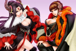 Rule 34 | 2girls, black hair, breasts, brown hair, cleavage, commentary request, horn ornament, horn ring, horns, jewelry, large breasts, long hair, looking at viewer, multiple girls, nail polish, pili budaixi, purple eyes, red eyes, ring, sca jam, smile, thunderbolt fantasy, xing hai