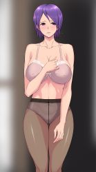 Rule 34 | 1girl, blush, breasts, covered erect nipples, large breasts, mature female, pantyhose, purple hair, short hair, solo, someoka yusura, underwear