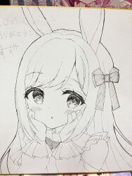 Rule 34 | 1girl, :o, animal ears, blush, bow, bowtie, chitosezaka suzu, commentary request, detached sleeves, dress, hair bow, highres, long hair, long sleeves, looking at viewer, original, parted lips, photo (medium), puffy long sleeves, puffy sleeves, rabbit ears, sleeveless, sleeveless dress, solo, swept bangs, traditional media, upper body