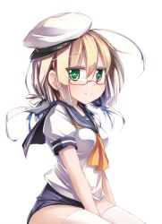 Rule 34 | 10s, 1girl, blonde hair, glasses, green eyes, hair ribbon, hat, i-8 (kancolle), kantai collection, looking at viewer, moegi nenene, personification, ribbon, smile, solo, swimsuit, swimsuit under clothes, thighhighs