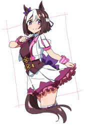 Rule 34 | 1girl, animal ears, bow, braid, breasts, durindana 7, ear bow, french braid, highres, horse ears, horse girl, horse tail, jacket, looking at viewer, medium breasts, multicolored hair, puffy short sleeves, puffy sleeves, purple bow, purple eyes, short hair, short sleeves, skirt, solo focus, special week (umamusume), tail, thighhighs, umamusume, white background, white hair, white jacket, white skirt, white thighhighs, wrist cuffs