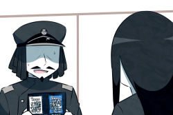 Rule 34 | 10s, 1boy, 1girl, abyssal admiral (kancolle), abyssal ship, admiral (kancolle), admiral suwabe, black hair, black hat, book, comic, dreadlocks, epaulettes, facial hair, goatee, hat, hidden eyes, holding, holding book, k-suwabe, kantai collection, long hair, manga (object), military, military hat, military uniform, mustache, open mouth, peaked cap, ru-class battleship, shaded face, surprised, sweat, translation request, trembling, uniform