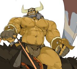Rule 34 | 1boy, abs, bara, blank eyes, bulge, character request, check character, colored skin, covered penis, fake horns, feet out of frame, greatsword, helmet, highres, holding, holding sword, holding weapon, horned helmet, horns, huge pectorals, large hands, loincloth, male focus, mature male, monster boy, muscular, muscular male, navel, navel hair, nipples, raider (wow), riding, saltypoundcake, scar, solo, spread legs, stomach, strongman waist, sword, thick thighs, thighs, topless male, tusks, warcraft, weapon, yellow skin