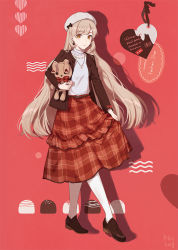 Rule 34 | 1girl, 2018, alternate costume, artist name, belt, beret, black ribbon, blonde hair, brown footwear, brown jacket, candy, chocolate, dated, earrings, fen renlei, floating hair, food, full body, hat, heart, jacket, jewelry, long hair, looking at viewer, mayu (vocaloid), necklace, pantyhose, pink background, plaid, plaid skirt, polka dot, polka dot background, red ribbon, ribbon, shadow, shirt, simple background, skirt, smile, solo, standing, striped, striped background, stuffed animal, stuffed rabbit, stuffed toy, sweater, sweets, tag, turtleneck, turtleneck sweater, usano mimi, vertical stripes, very long hair, vocaloid, white shirt, yellow eyes
