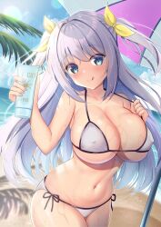 Rule 34 | 1girl, :q, absurdres, aqua eyes, artist name, bare arms, bare shoulders, beach, bikini, blue sky, blush, breasts, cleavage, closed mouth, collarbone, commentary request, covered erect nipples, cowboy shot, day, dutch angle, grey hair, hair ribbon, halterneck, hands up, highres, holding, large breasts, lens flare, light particles, long hair, looking at viewer, lotion, navel, ocean, original, outdoors, palm tree, parasol, pinesphere, ribbon, side-tie bikini bottom, sidelocks, sky, smile, solo, standing, stomach, strap lift, string bikini, sunscreen, swimsuit, tongue, tongue out, tree, two side up, umbrella, very long hair, wet, white bikini, yellow ribbon