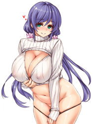 Rule 34 | 10s, 1girl, aqua eyes, belly, blush, breasts, cleavage, cleavage cutout, clothing cutout, covered erect nipples, cowboy shot, curvy, green eyes, hayama kazusa, heart, huge breasts, leaning forward, long hair, long sleeves, looking at viewer, love live!, love live! school idol project, meme attire, navel, no pants, nose blush, open-chest sweater, panties, panty pull, parted lips, plump, purple hair, ribbed sweater, shiny skin, simple background, skindentation, sleeves past wrists, smile, solo, standing, sweater, thick thighs, thighs, tojo nozomi, turtleneck, twintails, underwear, very long hair, white background, wide hips