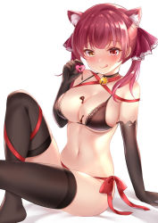 Rule 34 | 1girl, :q, alternate costume, animal ears, arm support, bare shoulders, bell, black bra, black gloves, black thighhighs, blush, bow, bra, breasts, candy, cat ears, cat girl, chocolate, chocolate heart, chocolate on body, chocolate on breasts, choker, cleavage, closed mouth, collarbone, commentary request, elbow gloves, food, food on body, gloves, hair ribbon, heart, heterochromia, hololive, houshou marine, knee up, lace, lace-trimmed bra, lace trim, large breasts, long hair, looking at viewer, navel, neck bell, nikoo, panties, red bow, red eyes, red panties, red ribbon, ribbon, side-tie panties, sitting, smile, solo, thighhighs, tongue, tongue out, twintails, underwear, valentine, virtual youtuber, white background