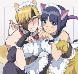 Rule 34 | 1boy, 1girl, alternate costume, animal ears, apron, black gloves, black ribbon, blue eyes, blunt bangs, bow, bowtie, cat ears, cat girl, cat tail, clenched teeth, closed mouth, collar, couple, crossdressing, detached sleeves, dog boy, dog ears, dog tail, earrings, embarrassed, enmaided, fingerless gloves, gem, gloves, grey skirt, grey sleeves, heart, heart hands, heart hands duo, hetero, highres, jewelry, latla mirah, looking at viewer, maid, maid headdress, mask, neck ribbon, red bow, red bowtie, red collar, red eyes, red gemstone, ribbon, rip (undead unluck), short hair, short sleeves, skirt, soso (sosoming), sweatdrop, tail, teeth, undead unluck, underbust, waist apron, white apron, wrist cuffs, yellow skirt, yellow sleeves