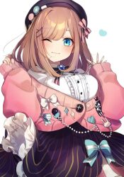 Rule 34 | 1girl, ;3, blue bow, blue eyes, bow, brown hair, buttons, cardigan, center frills, collared shirt, cowboy shot, frilled shirt, frilled skirt, frills, gem, hair ornament, hairclip, hands up, hashtag-only commentary, hassan (sink916), hat, hat bow, heart, highres, long sleeves, looking at viewer, medium hair, nijisanji, off shoulder, one eye closed, pearl (gemstone), pink bow, pink cardigan, puffy long sleeves, puffy sleeves, purple skirt, shirt, simple background, skirt, sleeves past wrists, smile, solo, star (symbol), striped clothes, striped skirt, suzuhara lulu, suzuhara lulu (1st costume), vertical-striped clothes, vertical-striped skirt, virtual youtuber, white background, white bow, white shirt, x hair ornament