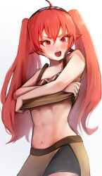 Rule 34 | 1girl, abs, absurdres, ahoge, bare arms, bare shoulders, black hairband, blush, brown shirt, brown shorts, cowboy shot, cropped shirt, eris greyrat, hair between eyes, hairband, highres, kaneko ryou, long hair, looking at viewer, mushoku tensei, navel, open mouth, red eyes, red hair, shirt, shorts, simple background, solo, teeth, twintails, undressing, upper teeth only, white background