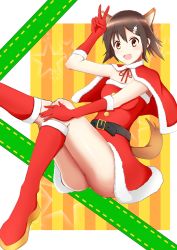Rule 34 | 1girl, animal ears, belt, boots, brown eyes, brown hair, capelet, christmas, dog ears, dog tail, elbow gloves, fur trim, gloves, hair ornament, hairpin, highres, knee boots, miyafuji yoshika, open mouth, red footwear, red gloves, santa boots, santa costume, short hair, solo, strike witches, sukeberosu, tail, v, world witches series